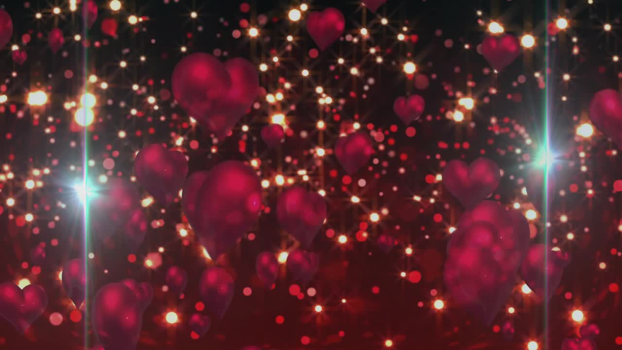 Golden bokeh dots intensifying causing red hearts drifting down creating romantic backdrop