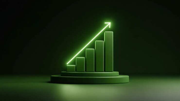 A Captivating Visualization of Growth and Progress: A Stylish Green Bar Graph with an Ascending Arrow Representing Increasing Success and Achievement