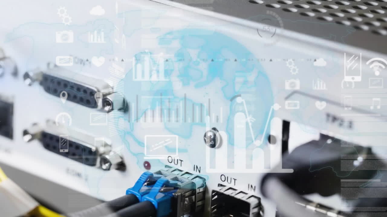 전 세계 및 미디어 아이콘의 애니메이션 컴퓨터 서버 포트를 통해 데이터를 처리