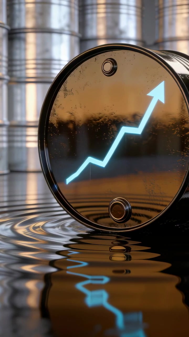 Vertical video: Rippling liquid wobbling drum reflection on shiny storage floor, neon arrow pulsing