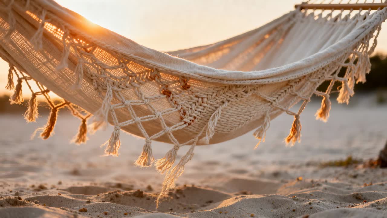 Amaca in macramè color crema che oscilla appesa sopra una spiaggia sabbiosa, una brezza leggera solleva le nappe e nuvolette di sabbia.
