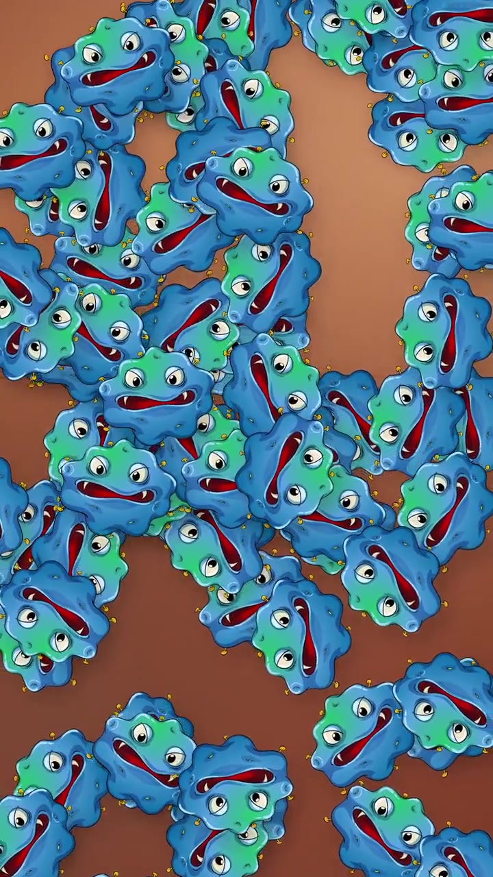 Blue cartoon bacteria characters fall vertically against a brown mesh background in this animation.