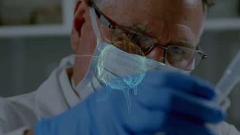 animación de células de coronavirus sobre un hombre que usa una máscara en el laboratorio