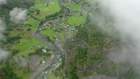 areal shoot at could level revealing small village in norway