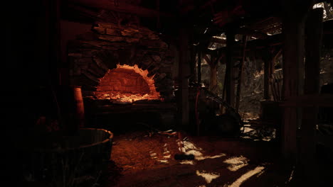 a blacksmith's forge with a glowing fire and tools