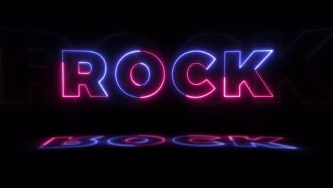 neon glowing word 'rock' on a black background with reflections on a floor. neon glow signs in seamless loop motion graphic