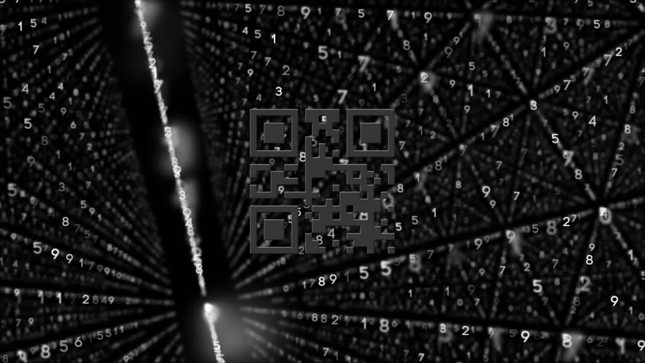 Digital animation of glowing neon red qr code against rows of changing numbers on black background