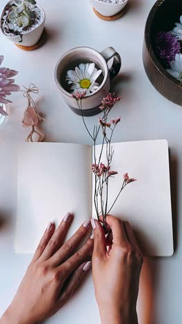 open notebook with flowers, tea, and plants