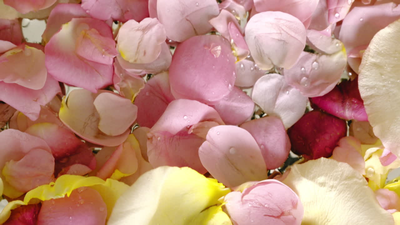 En haug med rosa og gule roseblader sammen