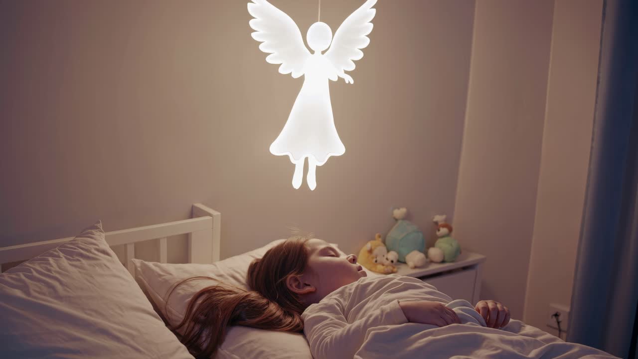 niño durmiendo en el dormitorio con luz nocturna de ángel