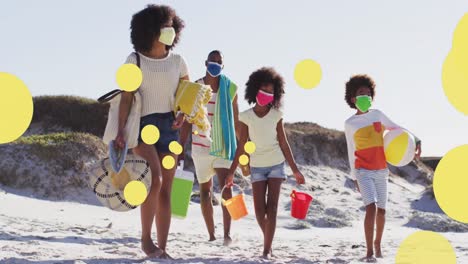 animation of african american family with face masks walking at beach over light spots