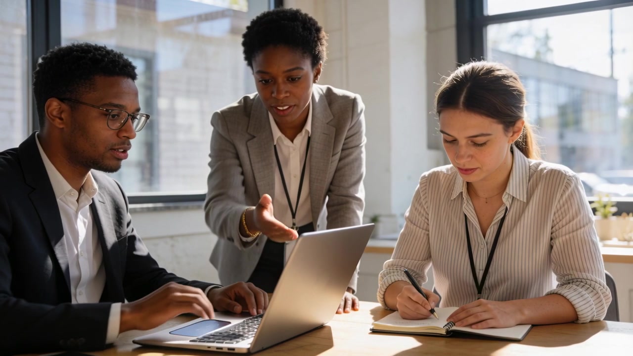 Leaning center woman wearing blazer leading review in office, pointing at laptop with notebook