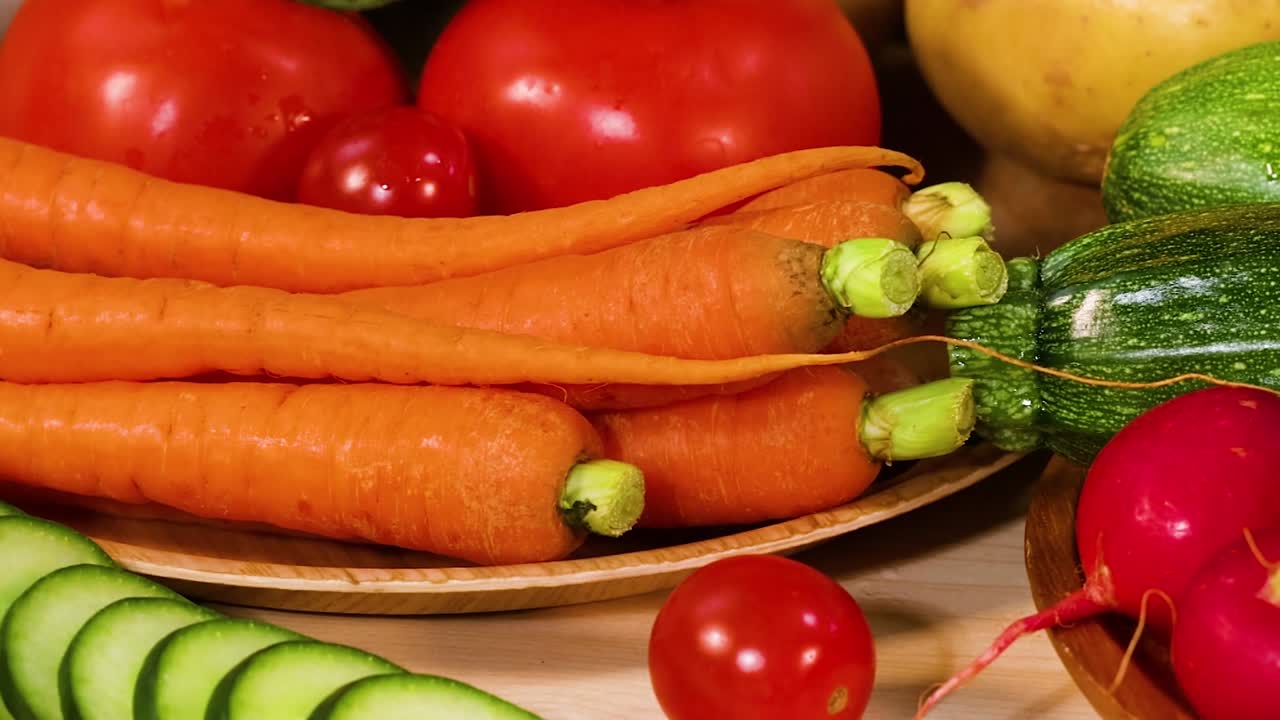 A colorful assortment of carrots, tomatoes, cucumbers, zucchini, radishes, and peas arranged together.