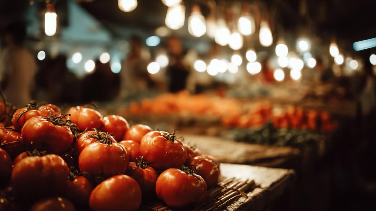 Vibrant Display of Fresh Red Tomatoes at a Market with Warm Ambient Lighting Creating an Inviting Atmosphere for Shoppers