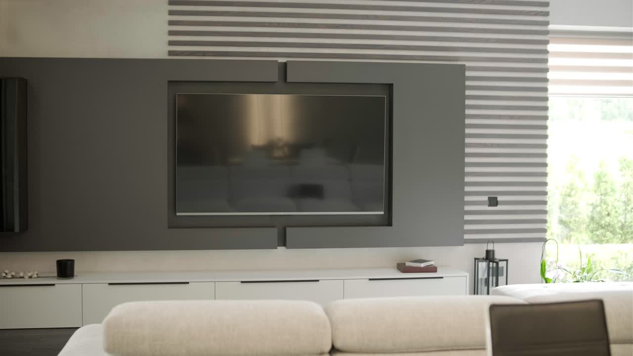 거실과 부은 커피 테이블에 더 낮습니다. 광경은 거실의 넓은 각도에서 아래로 이동합니다.