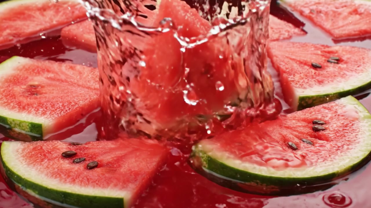 Fette di Anguria Rinfrescanti che Galleggiano in Gelatina Rossa Vivace, Mettendo in Mostra una Delizia Succosa e Estiva Perfetta per Giornate Calde e Riunioni Festive