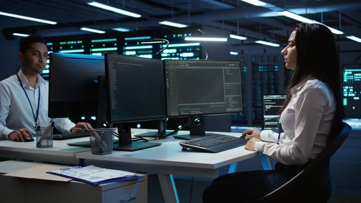 Team af teknikere i datacenter, der administrerer infrastruktur