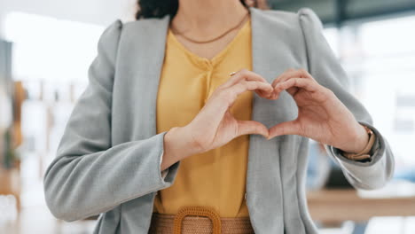 Heart-icon,-hands-and-woman-in-office-with-love