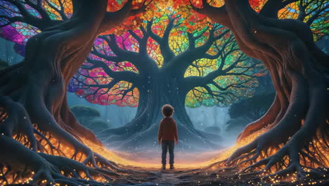 child standing before a mystical light between vibrant trees