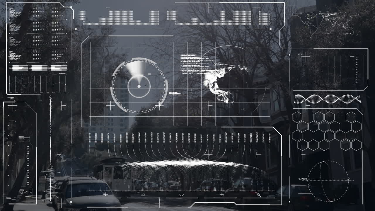 animación de radar, barras de carga, hélice de adn ángulo globo sobre tranvía moviéndose en la calle