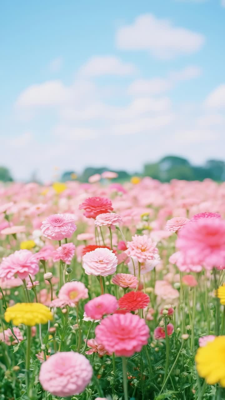 A vibrant field of pink and yellow flowers under a blue sky, captured from a low angle, perfect