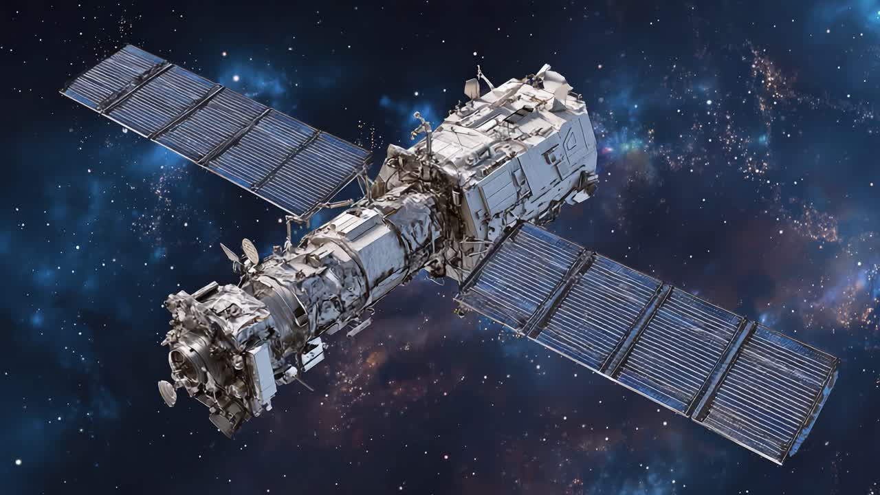 A Detailed View of a Modern Space Satellite Orbiting Earth, Showcasing Its Advanced Technology and Solar Panels Against a Cosmic Background