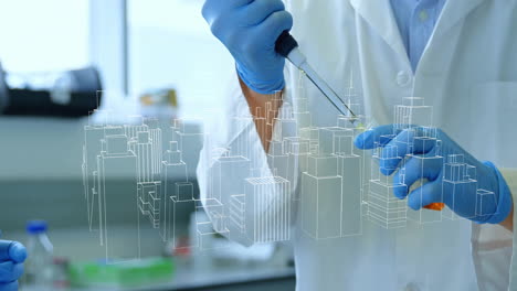 using pipette in lab, scientist with digital cityscape animation overlay