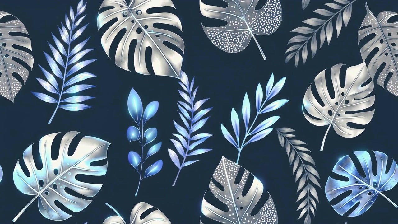 Seamless Pattern of Metallic Silver and Blue Tropical Leaves