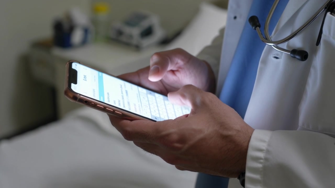 Doctor con bata de laboratorio y estetoscopio, usando su smartphone para actualizar el historial médico junto a la cama.
