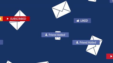 animación de iconos de redes sociales con textos sobre sobres sobre fondo azul