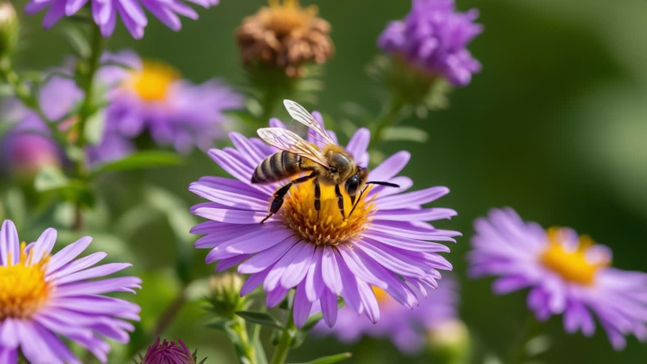 A Close-Up View of a Bee Pollinating a Purple Flower, Showcasing the Vital Relationship Between Insects and Flora in Nature's Ecosystem