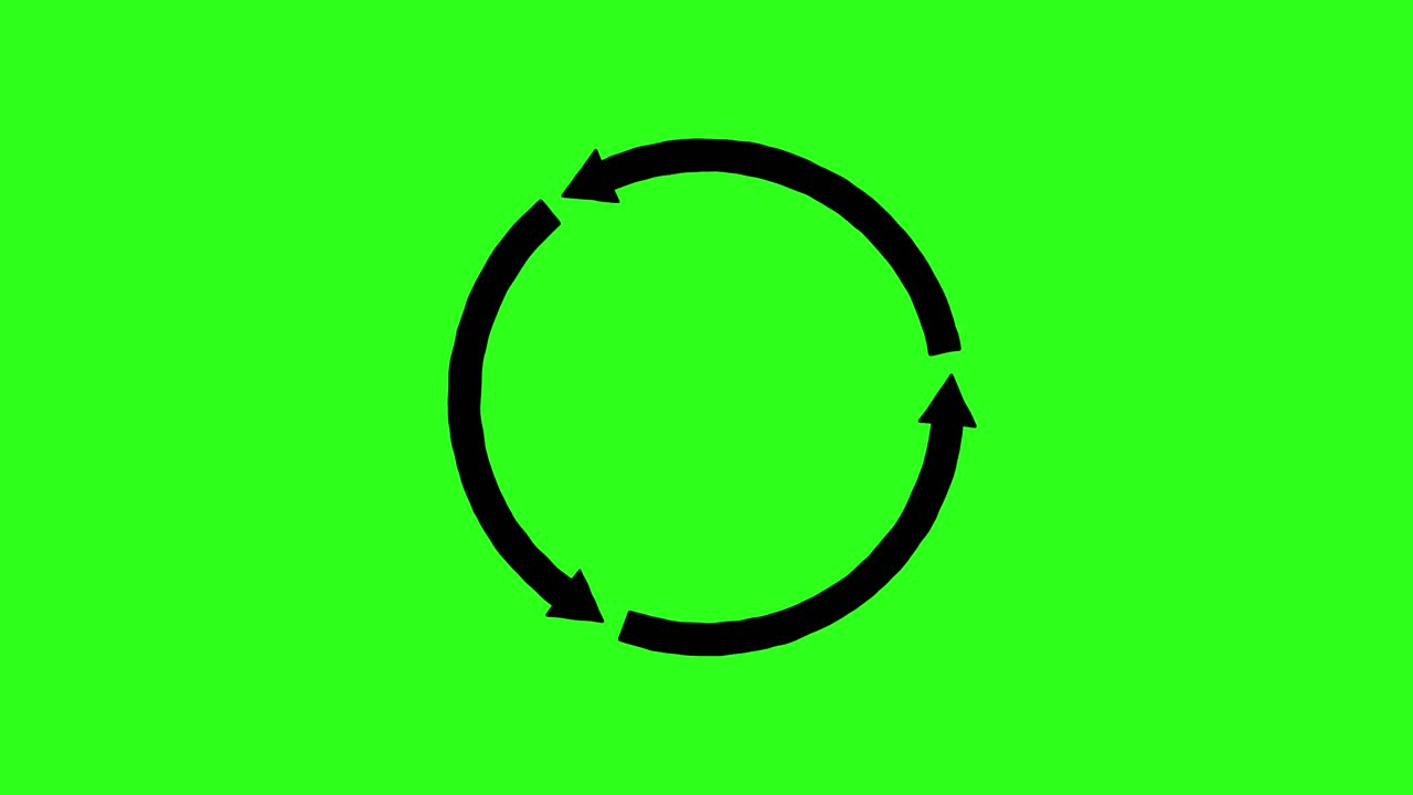 Black circular arrow smoothly rotates clockwise on vibrant green background, seamless loop, flat vector style