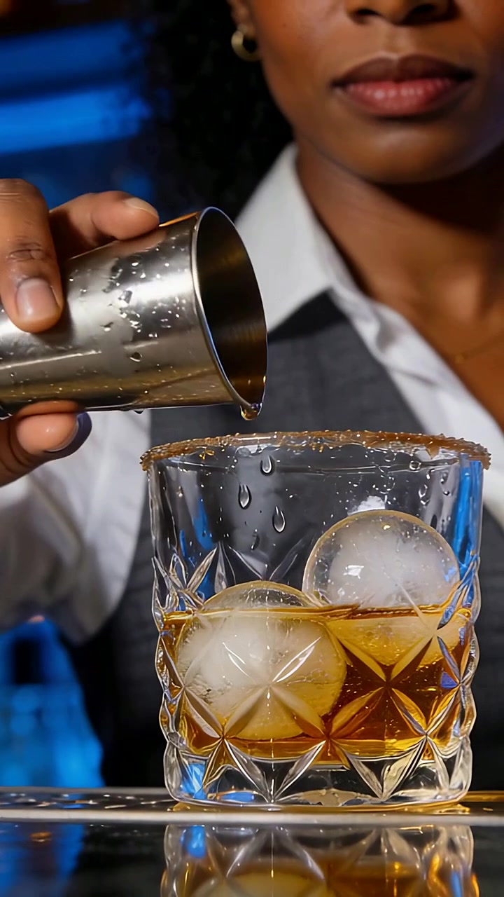 Video verticale: inquadratura inclinata di un misurino, barista in camicia bianca versa whisky per un drink con ghiaccio