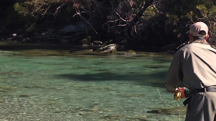 Pesca a mosca della trota in un fiume di montagna in estate