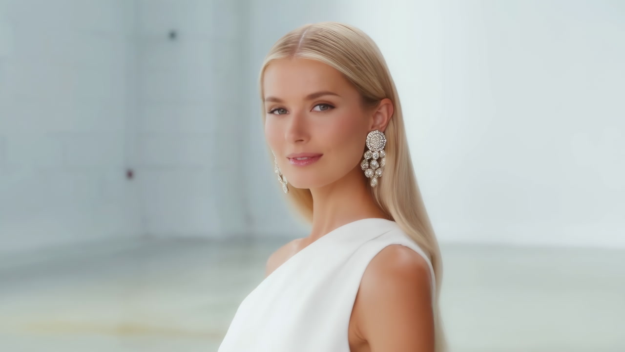 Blonde Woman In White Dress, Elegant Studio Portrait With Statement Earrings, Soft Lighting And Minimal