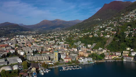 aerial view of a lakeside city with mountains in the background