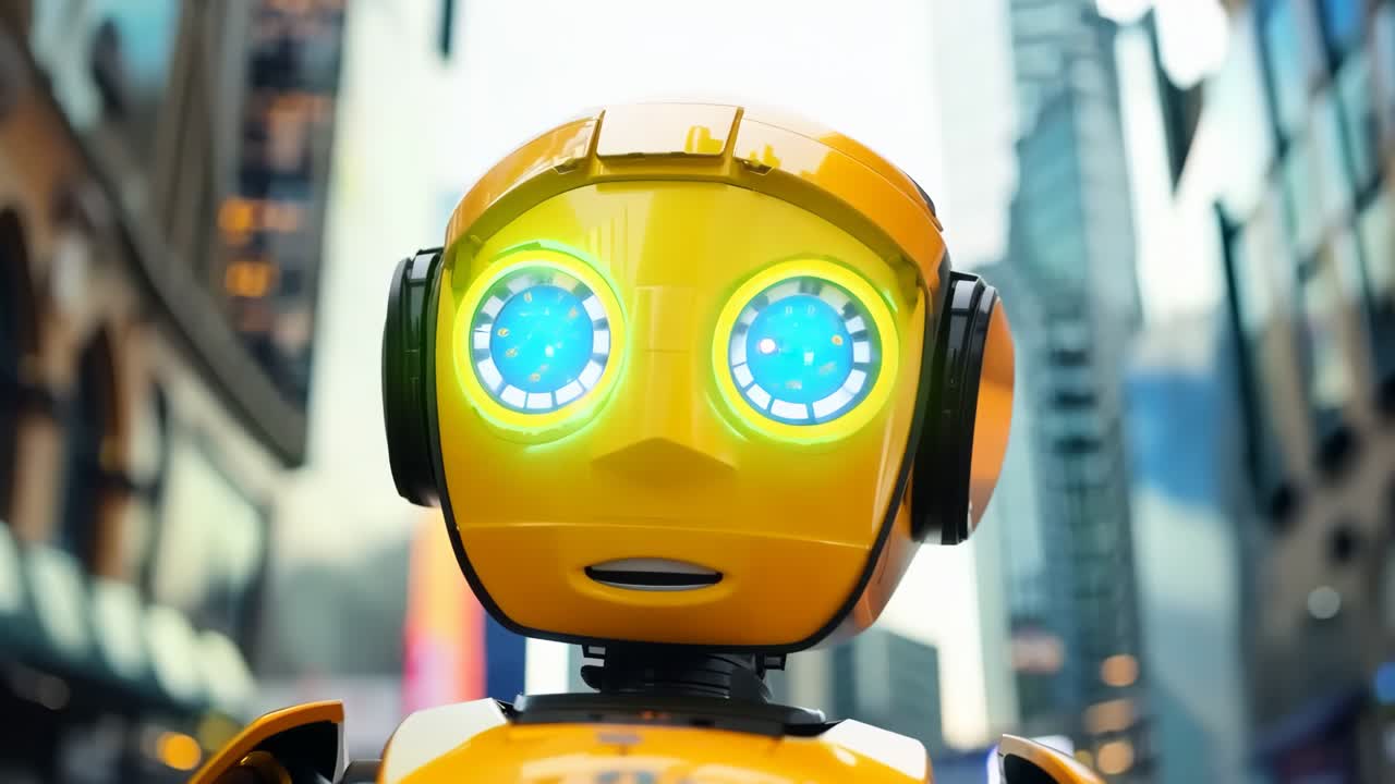 Un robot giallo con occhi verdi in piedi al centro di una città.