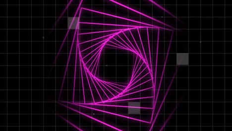 Pink corridor in spiral with grid on black background