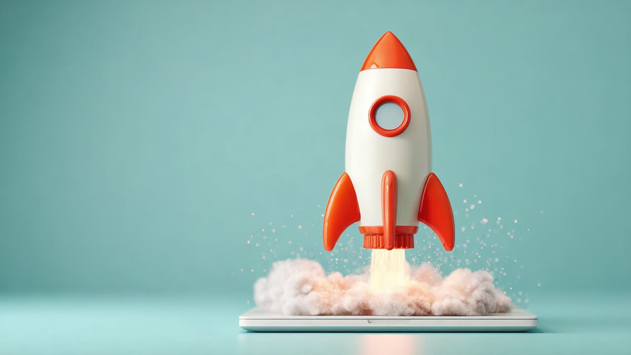 A Vibrant and Dynamic Rocket Launching from a Laptop Illustration, Symbolizing Innovation, Technology, and Future Possibilities in a Modern Digital Era