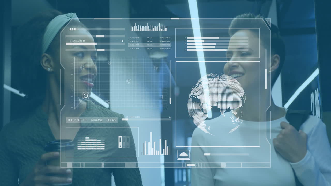 Digital data processing animation over two women walking and talking in office