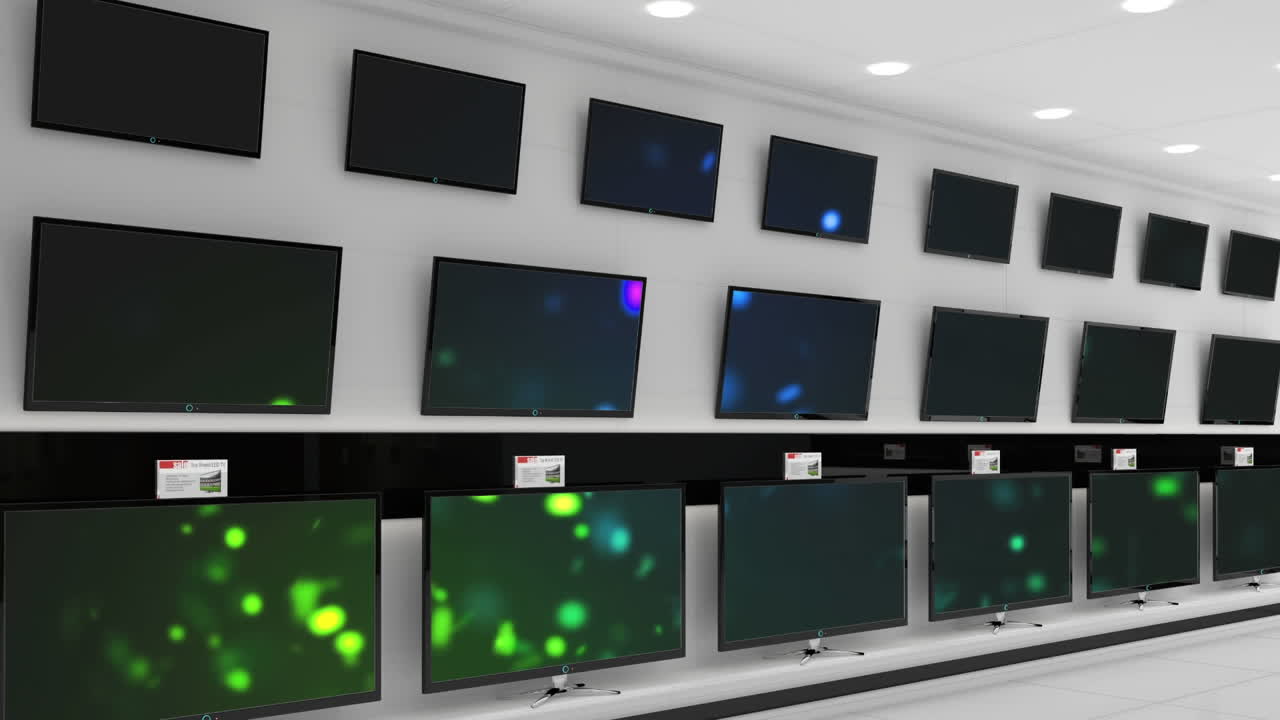 복사 공간과 함께 반 ⁇ 이는 화면과 함께 상점에 있는 텔레비전 세트의 행의 애니메이션