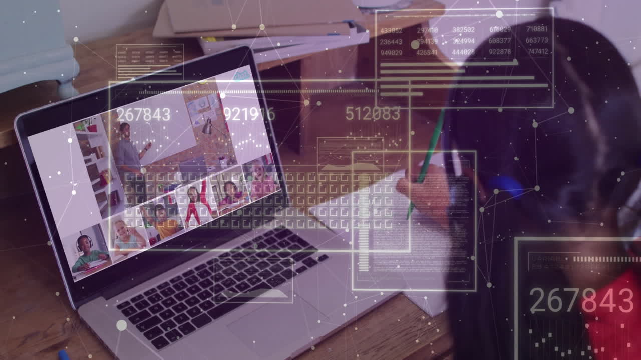 Person writing at desk with laptop, data processing animation overlay