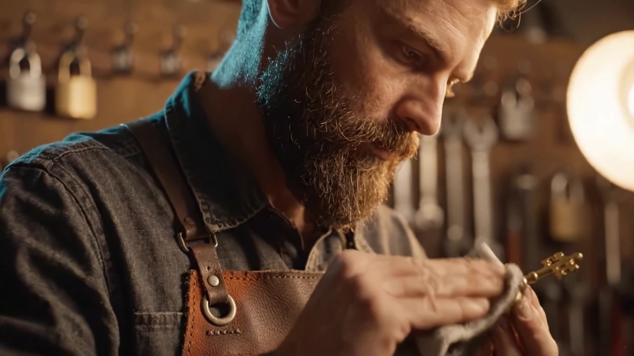 Detaillierte Handwerkskunst: Ein erfahrener Handwerker poliert präzise einen Vintage-Schlüssel in einer gemütlichen Werkstatt, umgeben von Werkzeugen und warmer Beleuchtung.