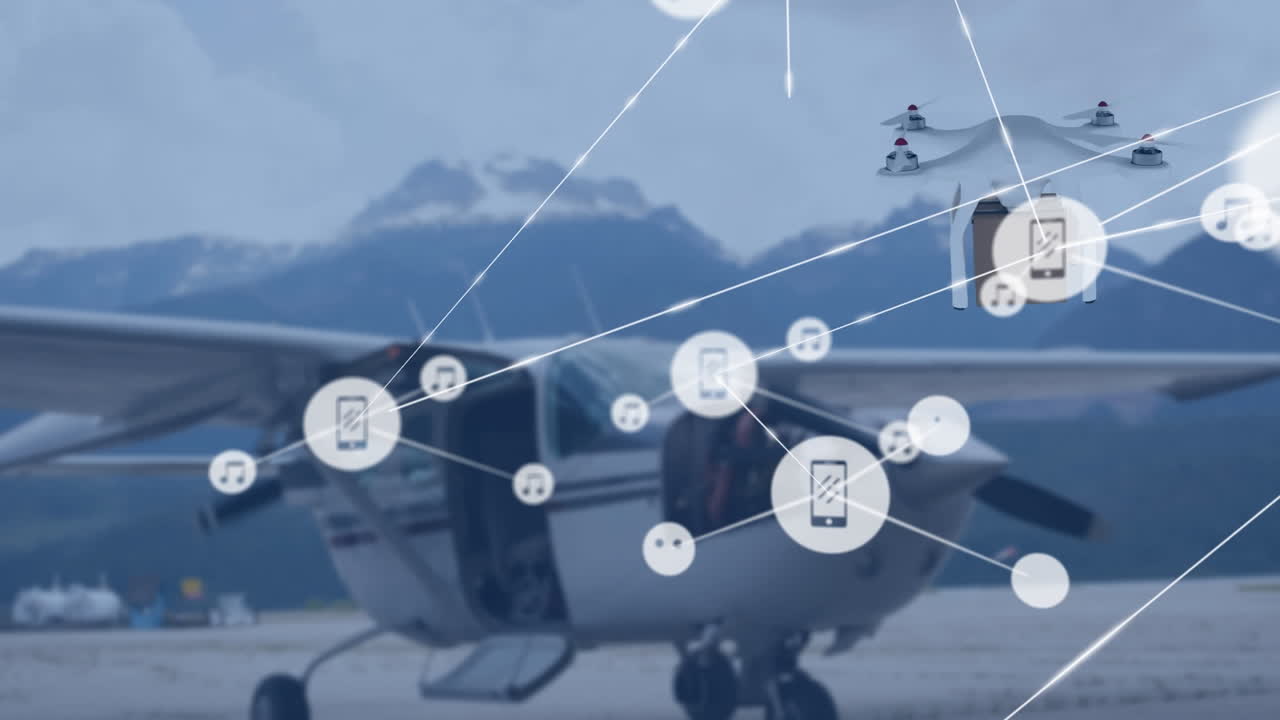 패키지를 운반하는 드론을 통해 아이콘으로 연결된 네트워크의 애니메이션