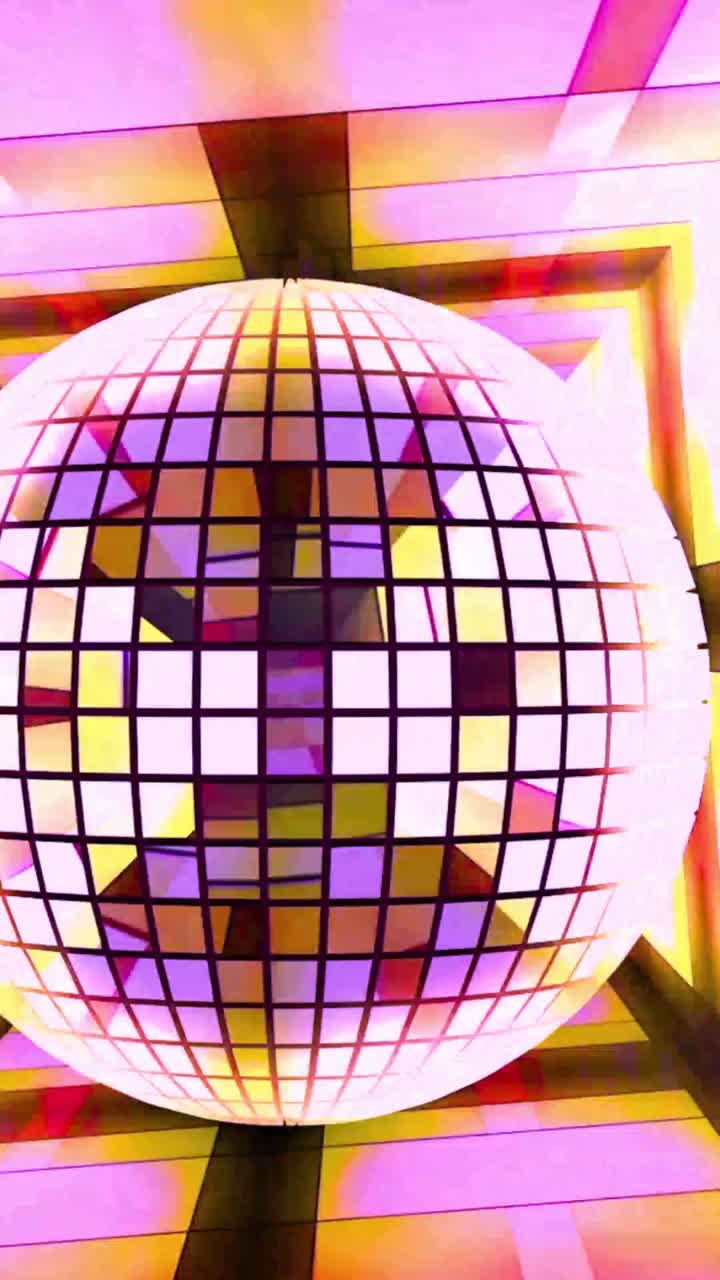 Palla da discoteca vibrante che gira in un loop di tunnel geometrico astratto