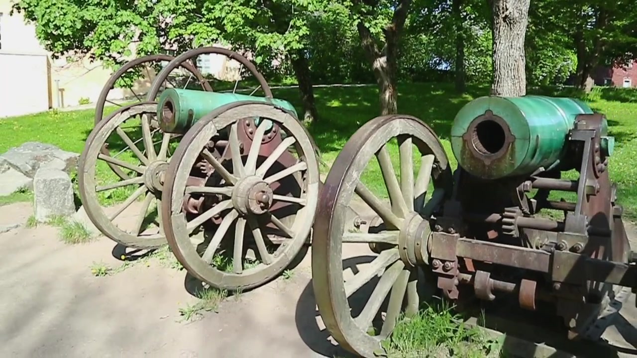 Due cannoni in bronzo invecchiati con ruote a raggi in legno sono esposti in un parco soleggiato e frondoso, evocando la storia militare. Inquadratura ampia statica.