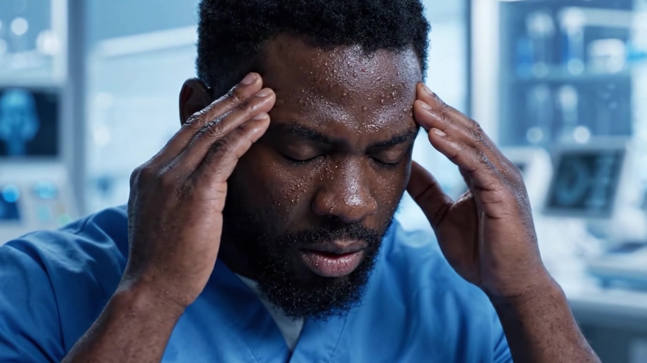 A Medical Professional in a Stressful Environment: A Close-up of an Overwhelmed Practitioner Experiencing Pressure and Exhaustion in a High-Stakes Healthcare Setting