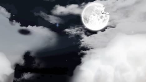animación de santa claus en trineo con renos sobre nubes y luna