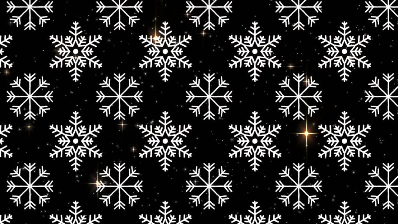 Snowflakes icons in seamless pattern against golden shining stars on black background