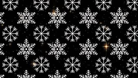 Snowflakes-icons-in-seamless-pattern-against-golden-shining-stars-on-black-background